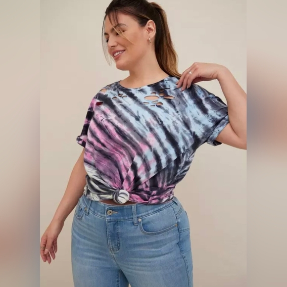 torrid Tops - Torrid Relaxed Fit Cotton Poly Jersey Crewneck Destructed Roll Sleeve Tee